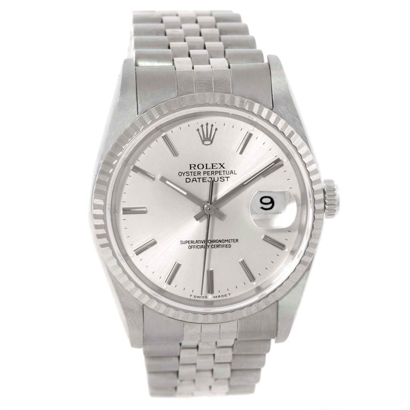 The image shows a Rolex Datejust 16234 Men's Stainless Steel Silver Dial 16234 Men's Stainless Steel Silver Dial watch from a front angle, highlighting its dial, bezel, case, and bracelet.