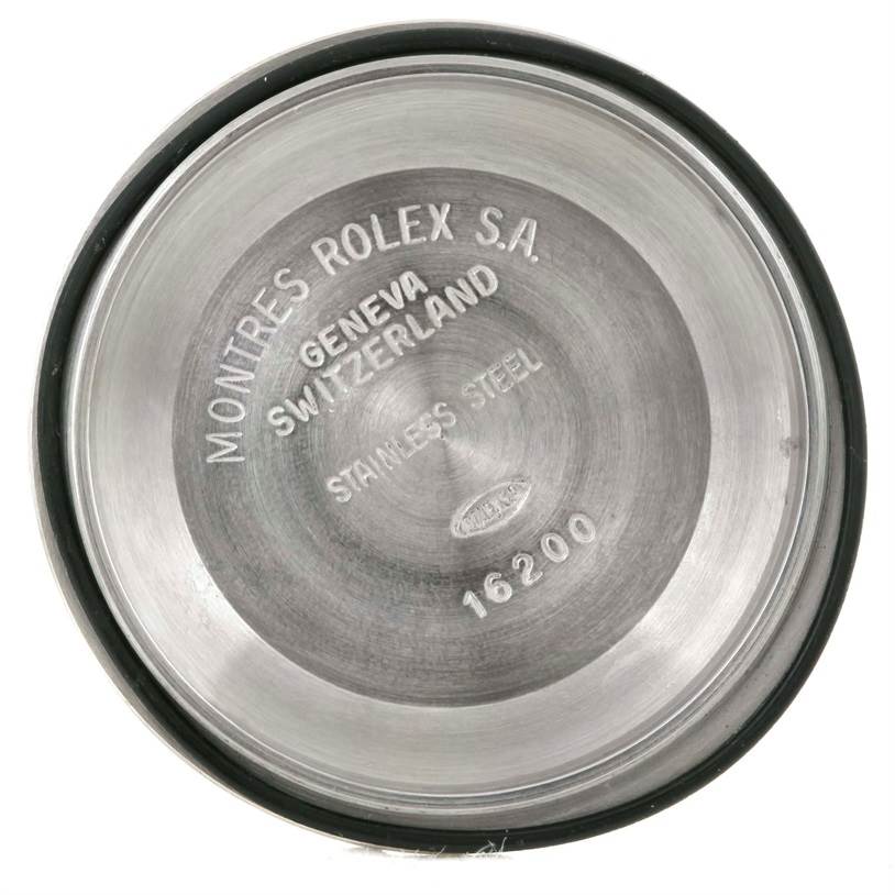 This image shows the case back of a Rolex Datejust 16234 Men's Stainless Steel Silver Dial 16234 Men's Stainless Steel Silver Dial model, engraved with "GENEVA SWITZERLAND" and the model number 16200.