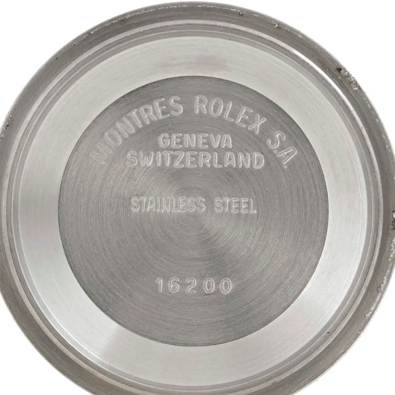 This is the stainless steel case back of a Rolex Datejust 16220 Men's Stainless Steel Silver Dial 16220 Men's Stainless Steel Silver Dial watch, model 16200.