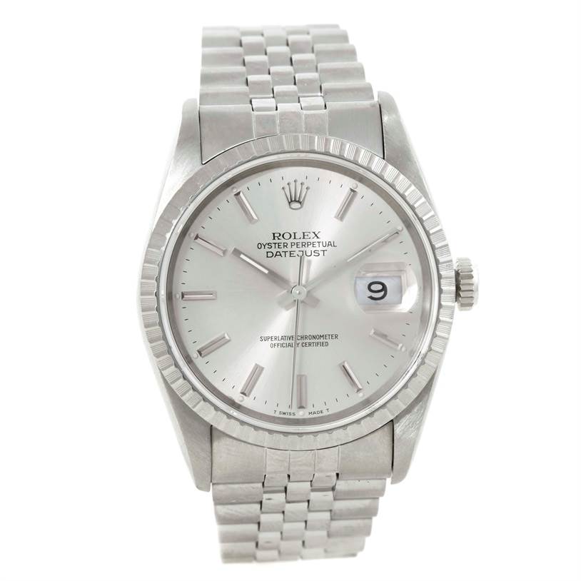 The image shows a front view of a Rolex Datejust 16220 Men's Stainless Steel Silver Dial 16220 Men's Stainless Steel Silver Dial watch, highlighting its dial, bezel, and bracelet.