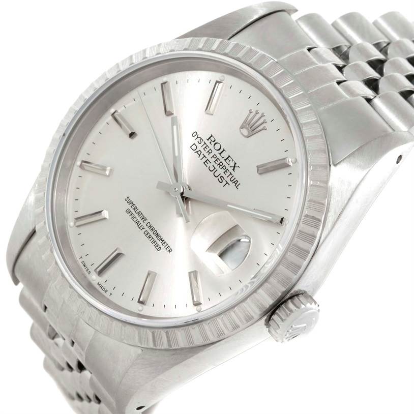The image shows a Rolex Datejust 16220 Men's Stainless Steel Silver Dial 16220 Men's Stainless Steel Silver Dial watch from an angled view, highlighting the dial, fluted bezel, bracelet, and crown.
