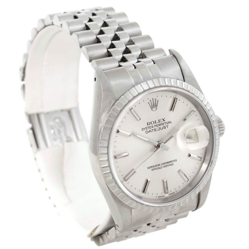 The image shows a Rolex Datejust 16220 Men's Stainless Steel Silver Dial 16220 Men's Stainless Steel Silver Dial watch angled from the front left, featuring its silver dial, hands, indices, and Jubilee bracelet.