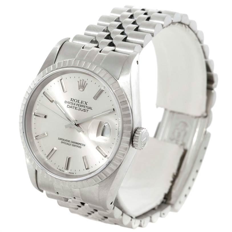 The image shows a Rolex Datejust 16220 Men's Stainless Steel Silver Dial 16220 Men's Stainless Steel Silver Dial watch at a slight side angle, highlighting the face, case, crown, and metal bracelet.