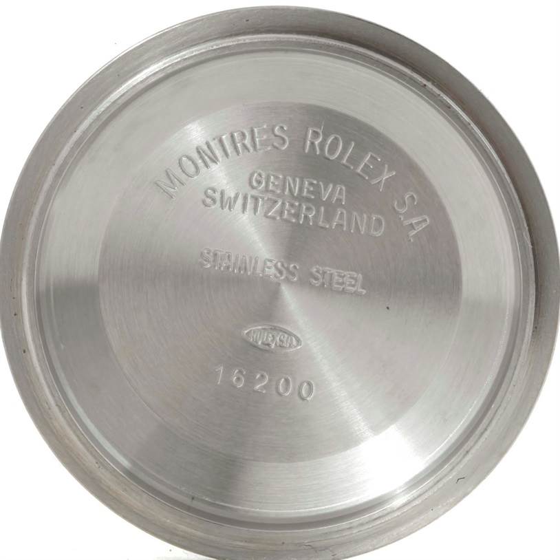 This image shows the case back of a Rolex Datejust 16233 Men's Steel and Gold (two tone) White Dial 16233 Men's Steel and Gold (two tone) White Dial watch, model number 16200, in stainless steel.