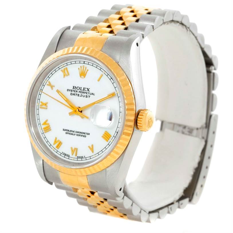 The image shows a Rolex Datejust 16233 Men's Steel and Gold (two tone) White Dial 16233 Men's Steel and Gold (two tone) White Dial watch at a three-quarter angle, highlighting the face, bezel, crown, and bracelet.