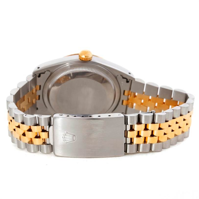 This image shows the back and bracelet of a Rolex Datejust 16233 Men's Steel and Gold (two tone) White Dial 16233 Men's Steel and Gold (two tone) White Dial watch, highlighting the clasp and two-tone metal design.