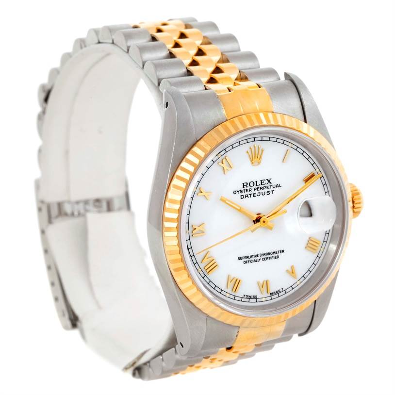 This image shows a Rolex Datejust 16233 Men's Steel and Gold (two tone) White Dial 16233 Men's Steel and Gold (two tone) White Dial watch from a diagonal angle, highlighting the face, bezel, and bracelet.