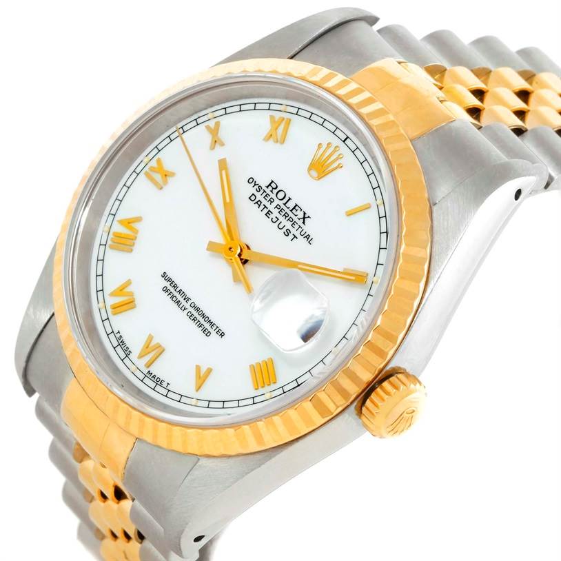 This image shows a close-up side angle of the Rolex Datejust 16233 Men's Steel and Gold (two tone) White Dial 16233 Men's Steel and Gold (two tone) White Dial watch, highlighting the bezel, dial, and bracelet.