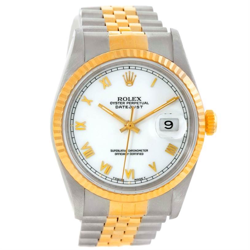 This Rolex Datejust 16233 Men's Steel and Gold (two tone) White Dial 16233 Men's Steel and Gold (two tone) White Dial watch is shown from the front, displaying its dial, bezel, crown, and part of the bracelet.