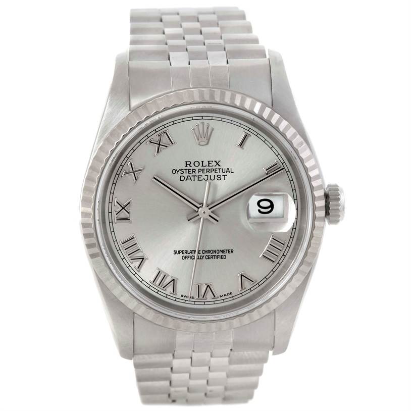 This image shows a front view of a Rolex Datejust 16234 Men's Stainless Steel Silver Dial 16234 Men's Stainless Steel Silver Dial watch, featuring the dial, bezel, and bracelet.