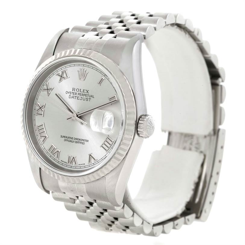 The image shows a Rolex Datejust 16234 Men's Stainless Steel Silver Dial 16234 Men's Stainless Steel Silver Dial watch viewed from an angle that highlights the face, crown, bezel, and partial bracelet.
