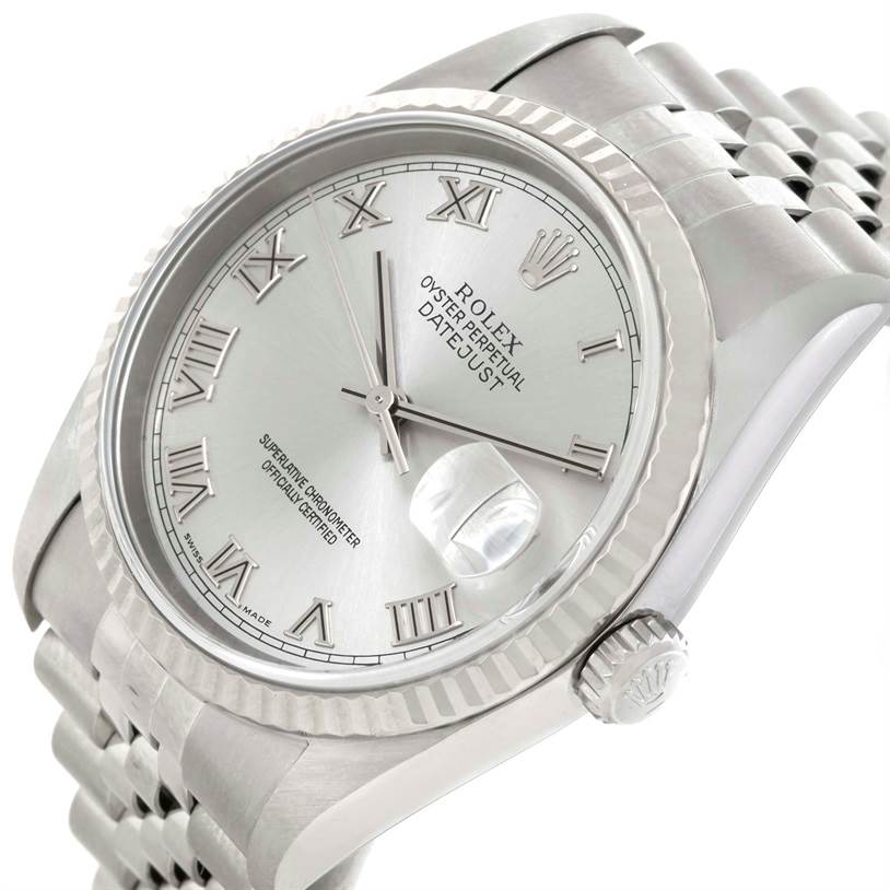 The Rolex Datejust 16234 Men's Stainless Steel Silver Dial 16234 Men's Stainless Steel Silver Dial watch is shown at a slightly angled perspective highlighting its face, bezel, crown, and part of its bracelet.
