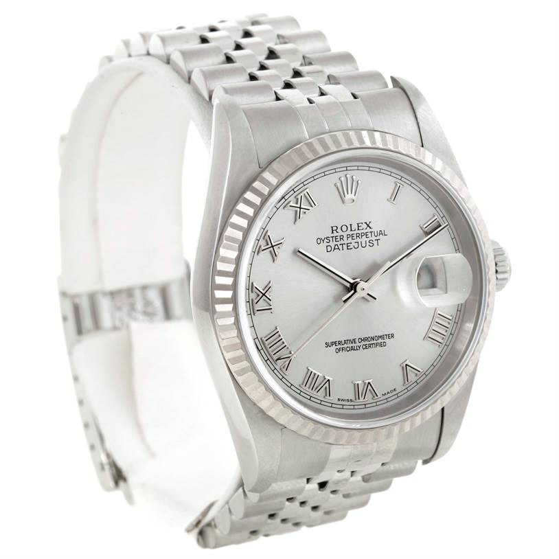 The image shows a Rolex Datejust 16234 Men's Stainless Steel Silver Dial 16234 Men's Stainless Steel Silver Dial watch at a slight angle, highlighting its silver dial, fluted bezel, and Jubilee bracelet.
