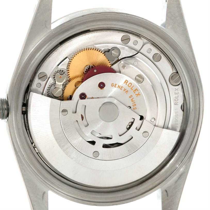 This image shows the internal mechanical movement of a Rolex Datejust 16234 Men's Stainless Steel Silver Dial 16234 Men's Stainless Steel Silver Dial watch from a rear view angle with the case back removed.