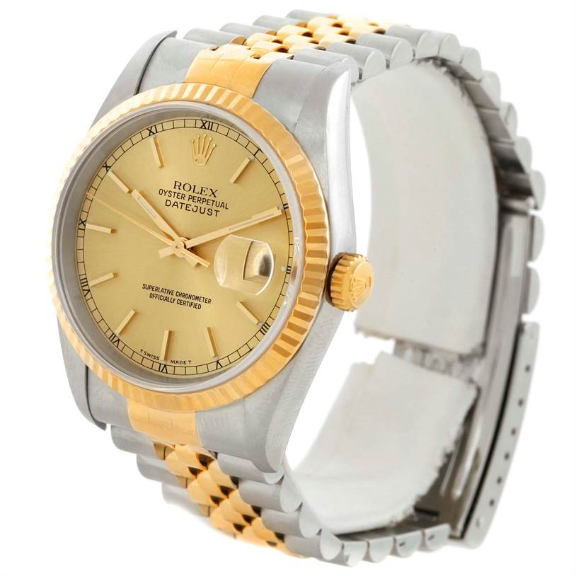 The Rolex Datejust 16233 Men's Steel and Gold (two tone) Champagne Dial 16233 Men's Steel and Gold (two tone) Champagne Dial watch is shown at an angled view displaying the bezel, case, crown, dial, and part of the bracelet.