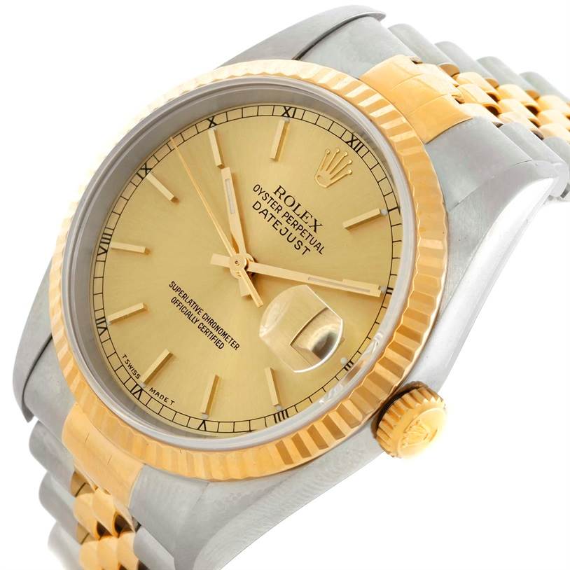 This image shows a close-up, angled view of the Rolex Datejust 16233 Men's Steel and Gold (two tone) Champagne Dial 16233 Men's Steel and Gold (two tone) Champagne Dial watch, highlighting the dial, crown, and part of the bracelet.