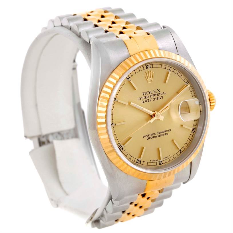 This Rolex Datejust 16233 Men's Steel and Gold (two tone) Champagne Dial 16233 Men's Steel and Gold (two tone) Champagne Dial watch is shown at a slight angle, highlighting the bezel, dial, bracelet, and crown.