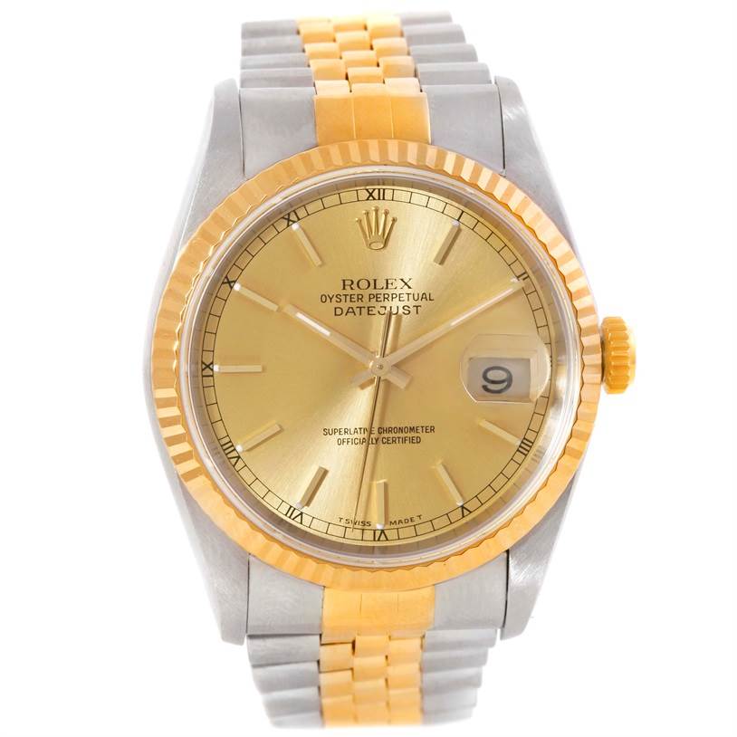 The image shows a frontal view of the Rolex Datejust 16233 Men's Steel and Gold (two tone) Champagne Dial 16233 Men's Steel and Gold (two tone) Champagne Dial watch, highlighting the dial, bezel, and partial bracelet.