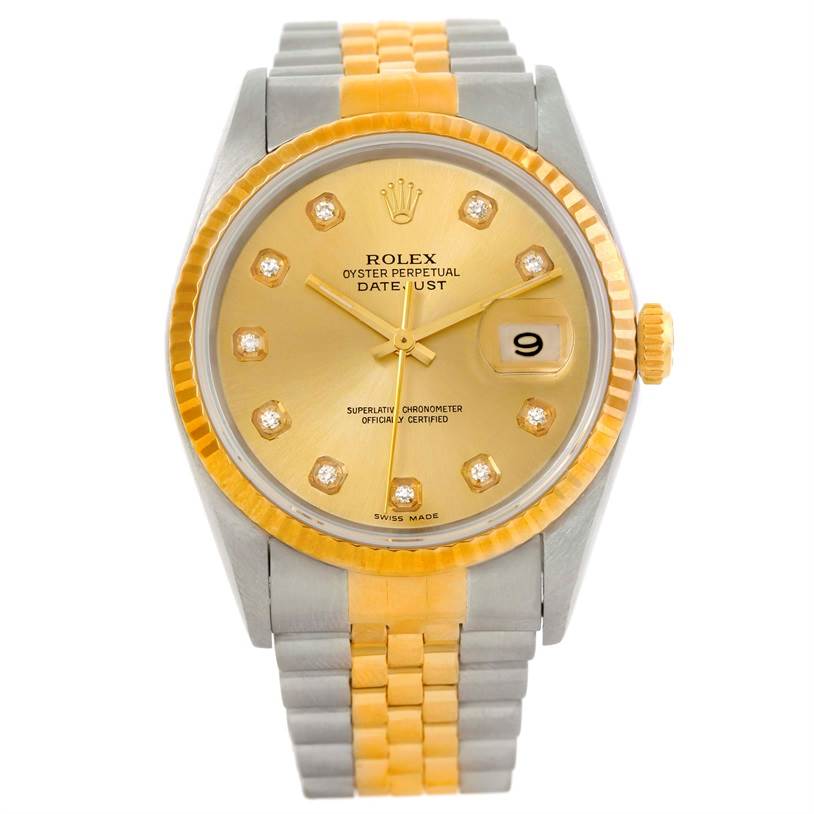 This image shows a Rolex Datejust 16233 Men's Steel and Gold (two tone) Champagne Dial 16233 Men's Steel and Gold (two tone) Champagne Dial watch from a front angle, highlighting the gold dial, jubilee bracelet, and the date window at 3 o'clock.
