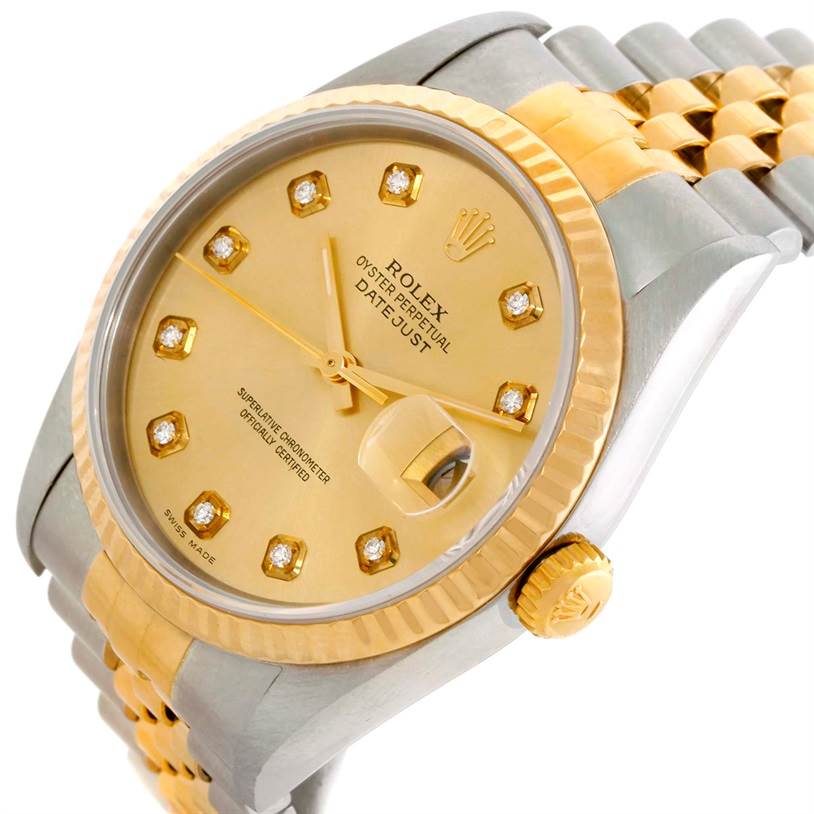 This image shows the Rolex Datejust 16233 Men's Steel and Gold (two tone) Champagne Dial 16233 Men's Steel and Gold (two tone) Champagne Dial watch from an oblique angle, highlighting the gold dial, diamond markers, and the Jubilee bracelet.