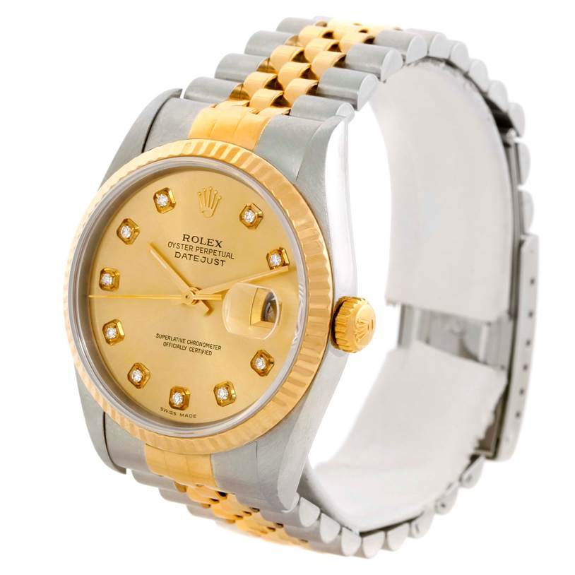 The image shows a Rolex Datejust 16233 Men's Steel and Gold (two tone) Champagne Dial 16233 Men's Steel and Gold (two tone) Champagne Dial watch at an angle highlighting its gold bezel, dial with diamond markers, and two-tone bracelet.