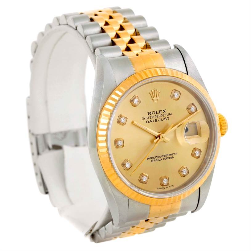 This image shows a Rolex Datejust 16233 Men's Steel and Gold (two tone) Champagne Dial 16233 Men's Steel and Gold (two tone) Champagne Dial watch at a front angle, showcasing its dial, bezel, and part of the bracelet.