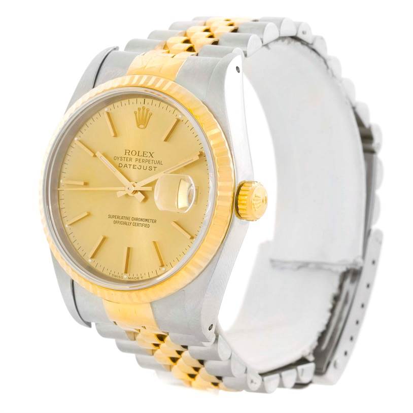 The image shows a Rolex Datejust 16233 Men's Steel and Gold (two tone) Champagne Dial 16233 Men's Steel and Gold (two tone) Champagne Dial watch viewed from an angle displaying the face, bezel, crown, and bracelet.