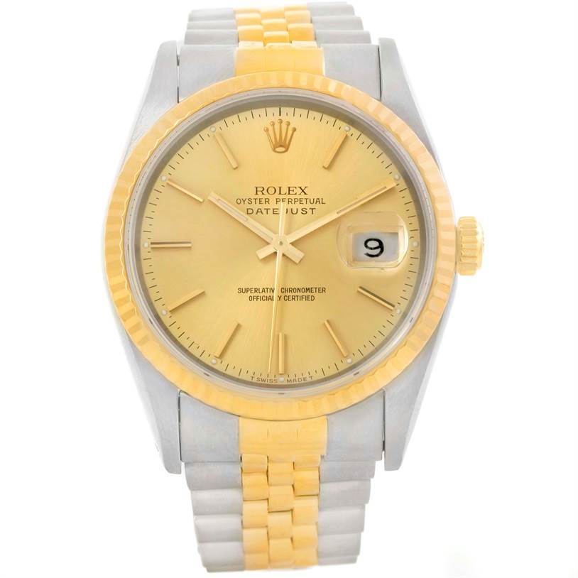 The image shows a frontal view of a Rolex Datejust 16233 Men's Steel and Gold (two tone) Champagne Dial 16233 Men's Steel and Gold (two tone) Champagne Dial watch featuring a gold dial, a fluted bezel, and a two-tone bracelet.