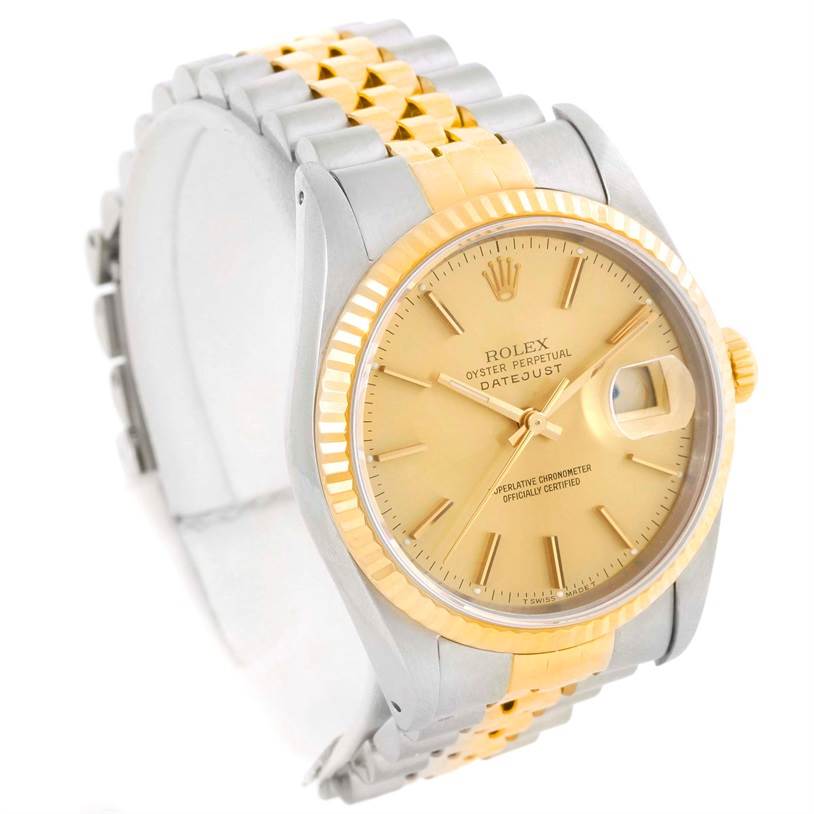 This image shows a Rolex Datejust 16233 Men's Steel and Gold (two tone) Champagne Dial 16233 Men's Steel and Gold (two tone) Champagne Dial watch angled from the front-left, displaying the dial, bezel, and part of the bracelet.