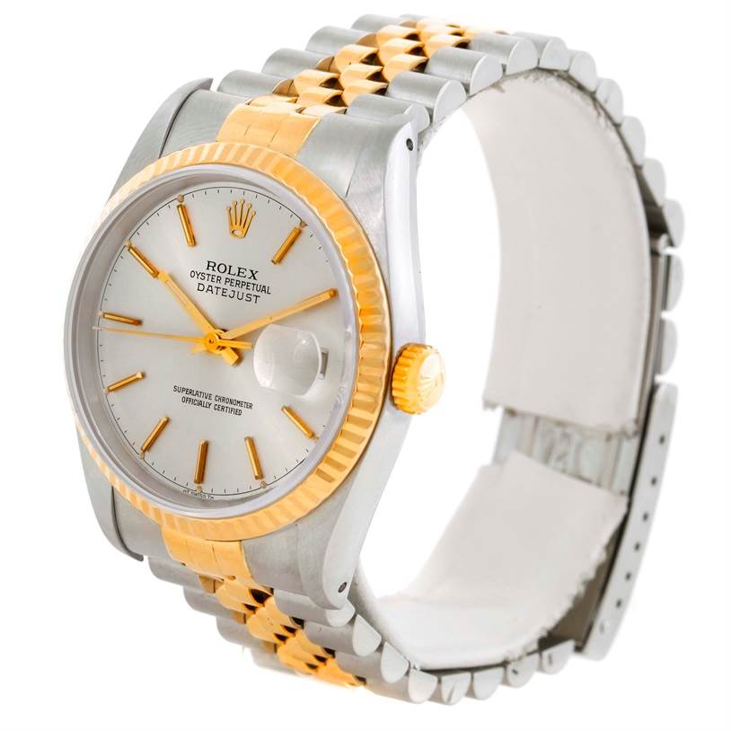 The Rolex Datejust 16233 Men's Steel and Gold (two tone) Silver Dial 16233 Men's Steel and Gold (two tone) Silver Dial watch is shown at an angle displaying the face, bezel, crown, and part of the two-tone jubilee bracelet.