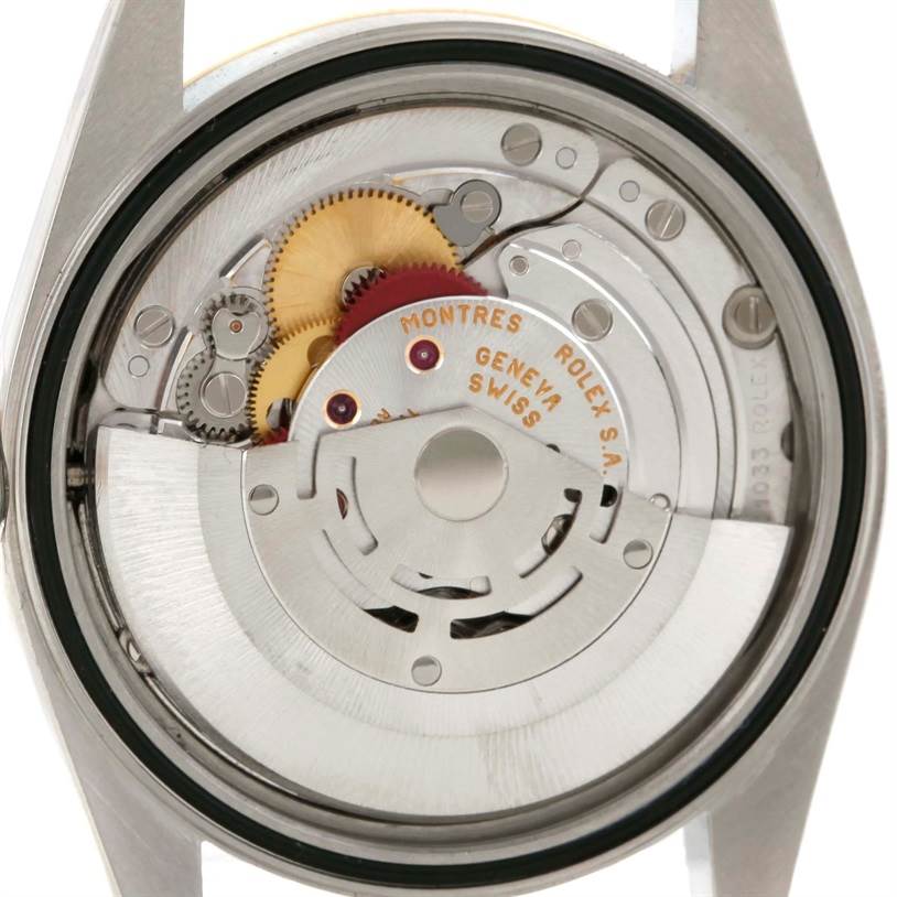 The image shows the internal mechanism and movement of a Rolex Datejust 16233 Men's Steel and Gold (two tone) Silver Dial 16233 Men's Steel and Gold (two tone) Silver Dial watch from a rear, case-back removed angle.