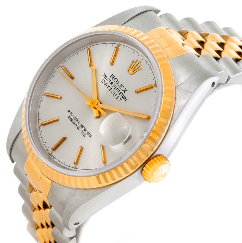The image shows a Rolex Datejust 16233 Men's Steel and Gold (two tone) Silver Dial 16233 Men's Steel and Gold (two tone) Silver Dial watch from a close-up angle, highlighting the dial, bezel, and partially the bracelet.