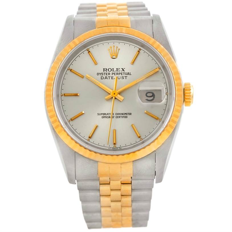 The image shows a Rolex Datejust 16233 Men's Steel and Gold (two tone) Silver Dial 16233 Men's Steel and Gold (two tone) Silver Dial watch from a front angle, highlighting its dial, bezel, and two-tone bracelet.