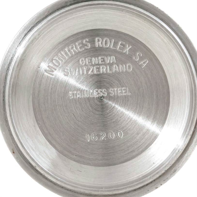 This image shows the stainless steel case back of a Rolex Datejust 16233 Men's Steel and Gold (two tone) Champagne Dial 16233 Men's Steel and Gold (two tone) Champagne Dial model watch, including its engravings.