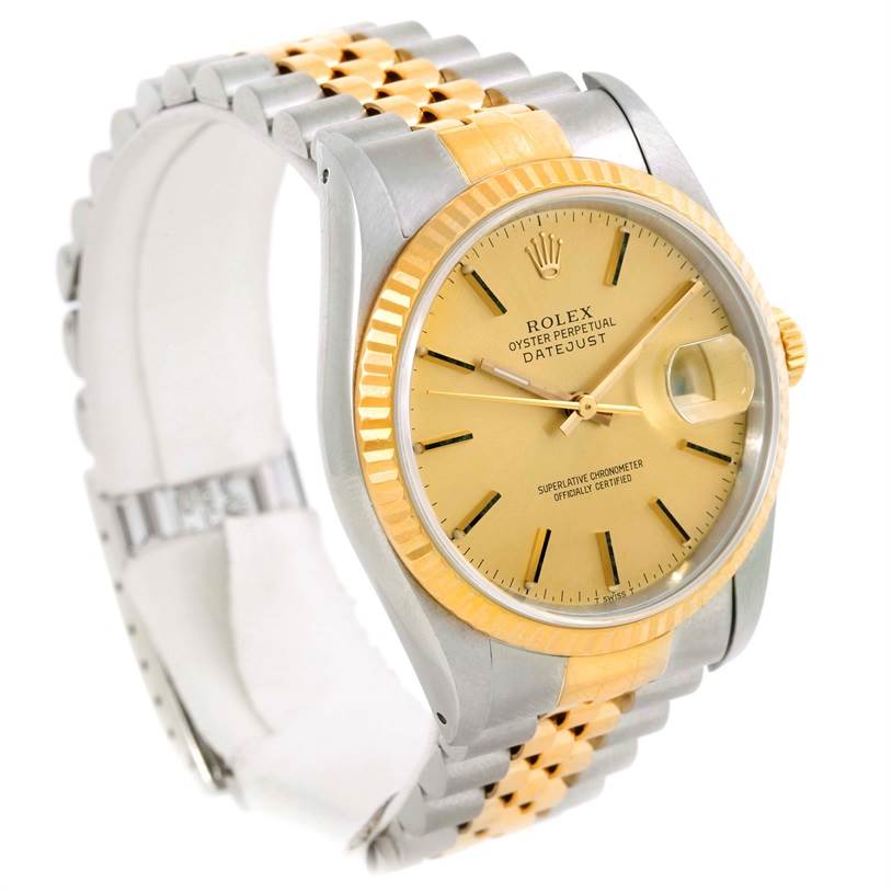 The Rolex Datejust 16233 Men's Steel and Gold (two tone) Champagne Dial 16233 Men's Steel and Gold (two tone) Champagne Dial watch is shown at an oblique angle, highlighting its two-tone bracelet, dial, and date window.