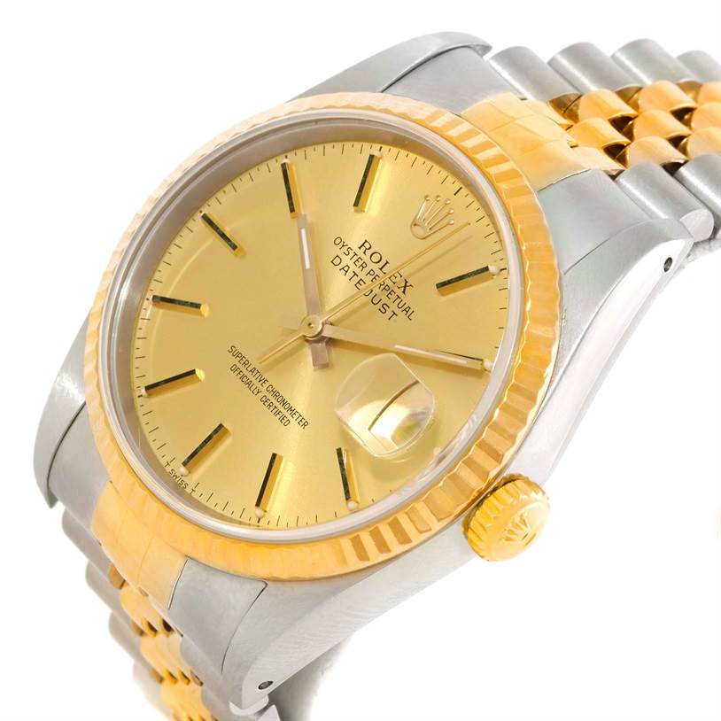 This image shows the Rolex Datejust 16233 Men's Steel and Gold (two tone) Champagne Dial 16233 Men's Steel and Gold (two tone) Champagne Dial model watch from an angled side view, highlighting the dial, bezel, crown, and part of the bracelet.