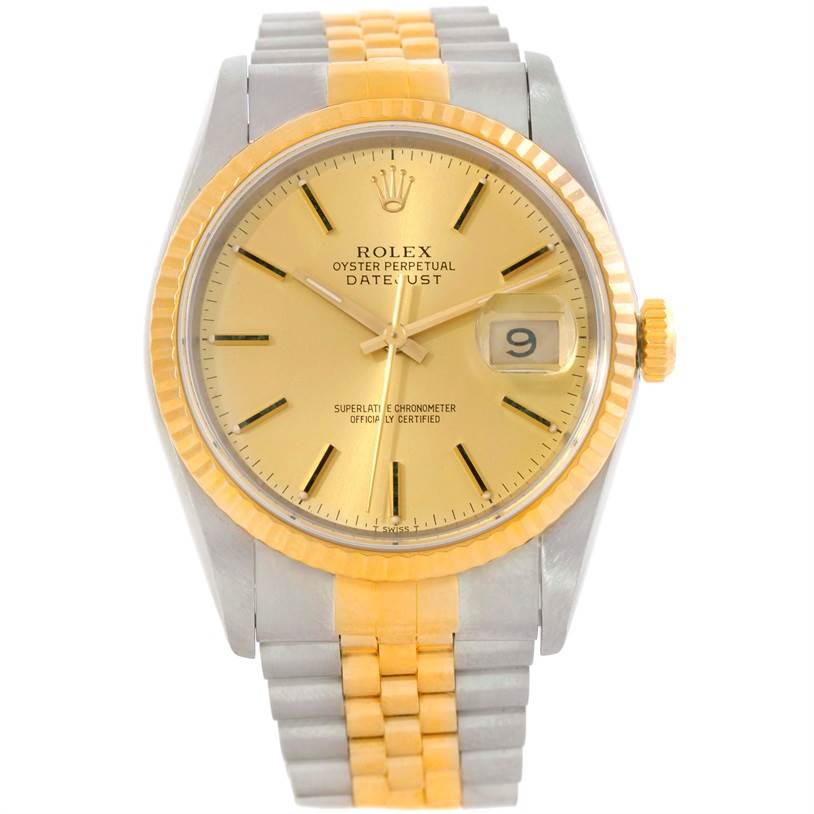 This image shows a front view of the Rolex Datejust 16233 Men's Steel and Gold (two tone) Champagne Dial 16233 Men's Steel and Gold (two tone) Champagne Dial watch, highlighting the dial, bezel, case, and bracelet.