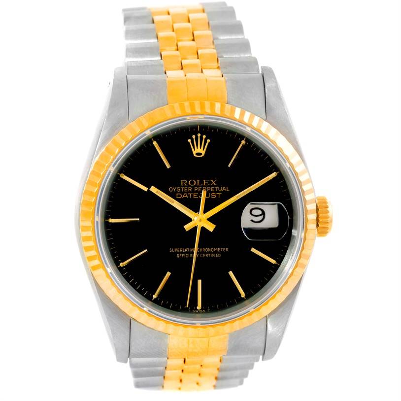 This image shows a Rolex Datejust 16233 Men's Steel and Gold (two tone) Black Dial 16233 Men's Steel and Gold (two tone) Black Dial watch with a black dial, date display, gold bezel, and two-tone metal bracelet from a frontal angle.