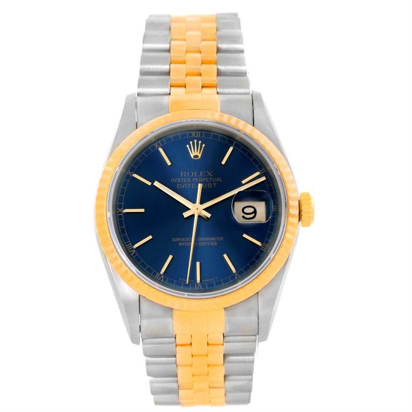 This image shows a front view of the Rolex Datejust 16233 Men's Steel and Gold (two tone) Blue Dial 16233 Men's Steel and Gold (two tone) Blue Dial watch, displaying the face, bezel, and bracelet.