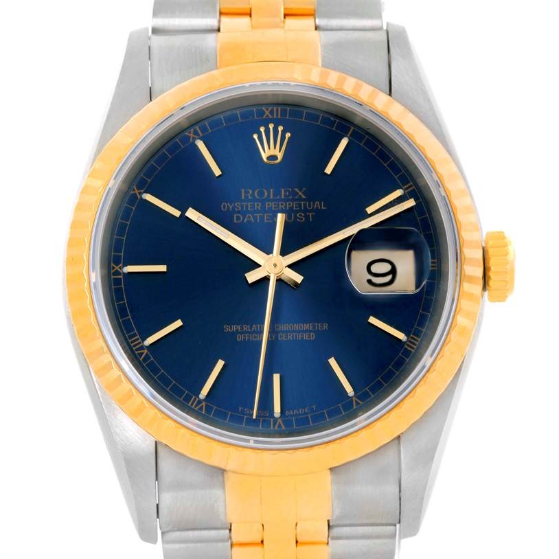 This Rolex Datejust 16233 Men's Steel and Gold (two tone) Blue Dial 16233 Men's Steel and Gold (two tone) Blue Dial watch is shown from the front displaying the dial, bezel, crown, and part of the bracelet.