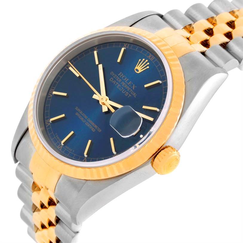 This image shows a Rolex Datejust 16233 Men's Steel and Gold (two tone) Blue Dial 16233 Men's Steel and Gold (two tone) Blue Dial watch at an angle highlighting the blue dial, gold and silver bracelet, and crown.