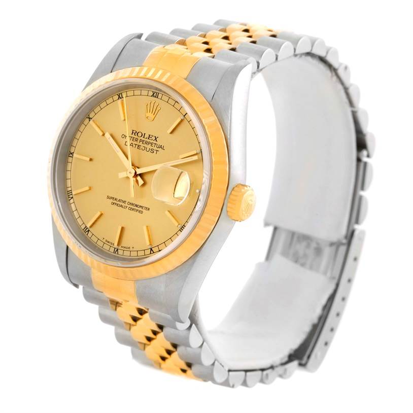 The image shows a Rolex Datejust 16233 Men's Steel and Gold (two tone) Champagne Dial 16233 Men's Steel and Gold (two tone) Champagne Dial watch at a three-quarter angle, highlighting its dial, bezel, and bracelet.