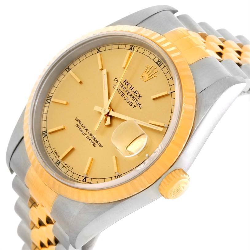 The image shows a Rolex Datejust 16233 Men's Steel and Gold (two tone) Champagne Dial 16233 Men's Steel and Gold (two tone) Champagne Dial watch at a slight angle, highlighting the dial, bezel, crown, and part of the bracelet.