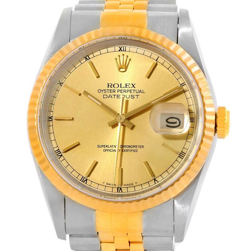 The image shows a front-facing view of a Rolex Datejust 16233 Men's Steel and Gold (two tone) Champagne Dial 16233 Men's Steel and Gold (two tone) Champagne Dial watch, highlighting its gold dial, bezel, and date window.