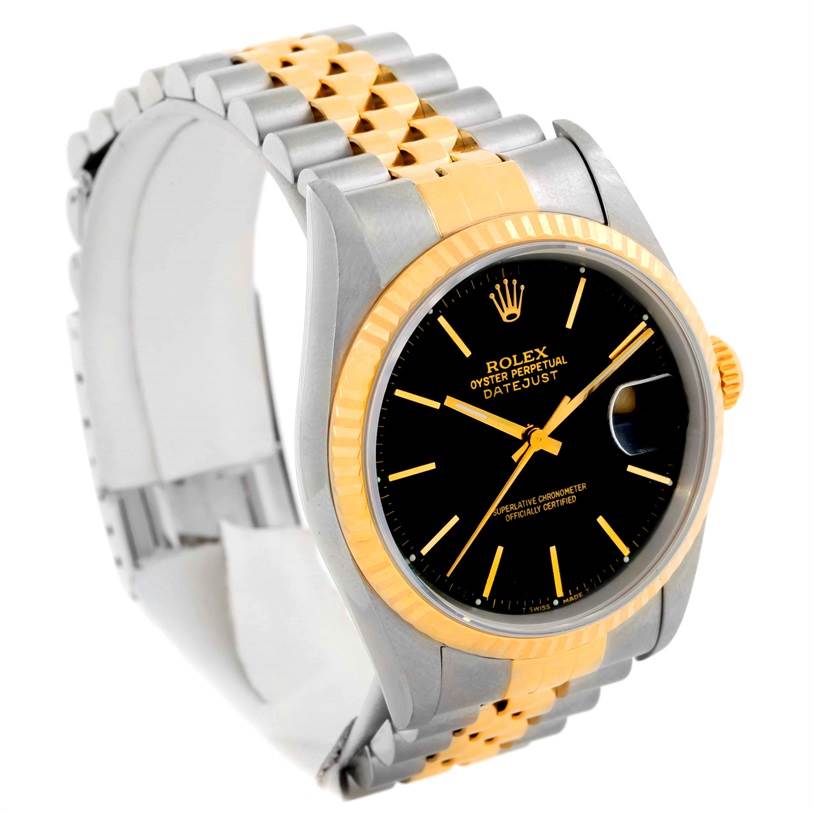The image shows a Rolex Datejust 16233 Men's Steel and Gold (two tone) Black Dial 16233 Men's Steel and Gold (two tone) Black Dial watch at a 3/4 angle, highlighting its black dial, gold markers, and two-tone bracelet.