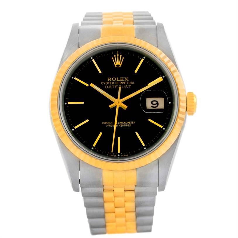 The image shows a front view of a Rolex Datejust 16233 Men's Steel and Gold (two tone) Black Dial 16233 Men's Steel and Gold (two tone) Black Dial watch, featuring a black dial, gold bezel, and two-tone bracelet.