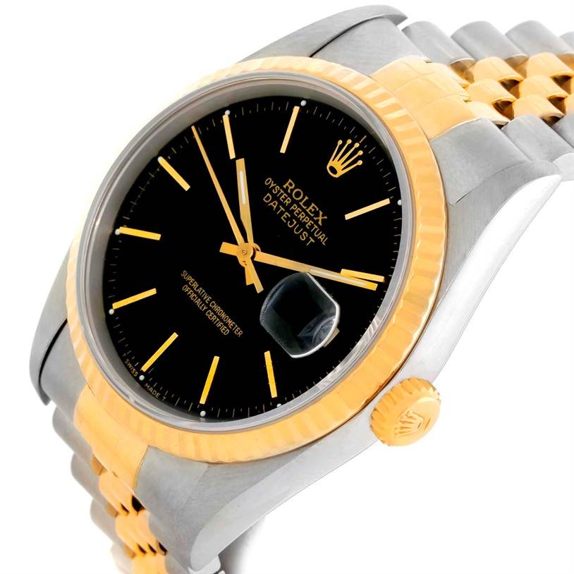 This image shows the Rolex Datejust 16233 Men's Steel and Gold (two tone) Black Dial 16233 Men's Steel and Gold (two tone) Black Dial watch at an angled view, displaying the black dial, gold bezel, and two-tone bracelet.