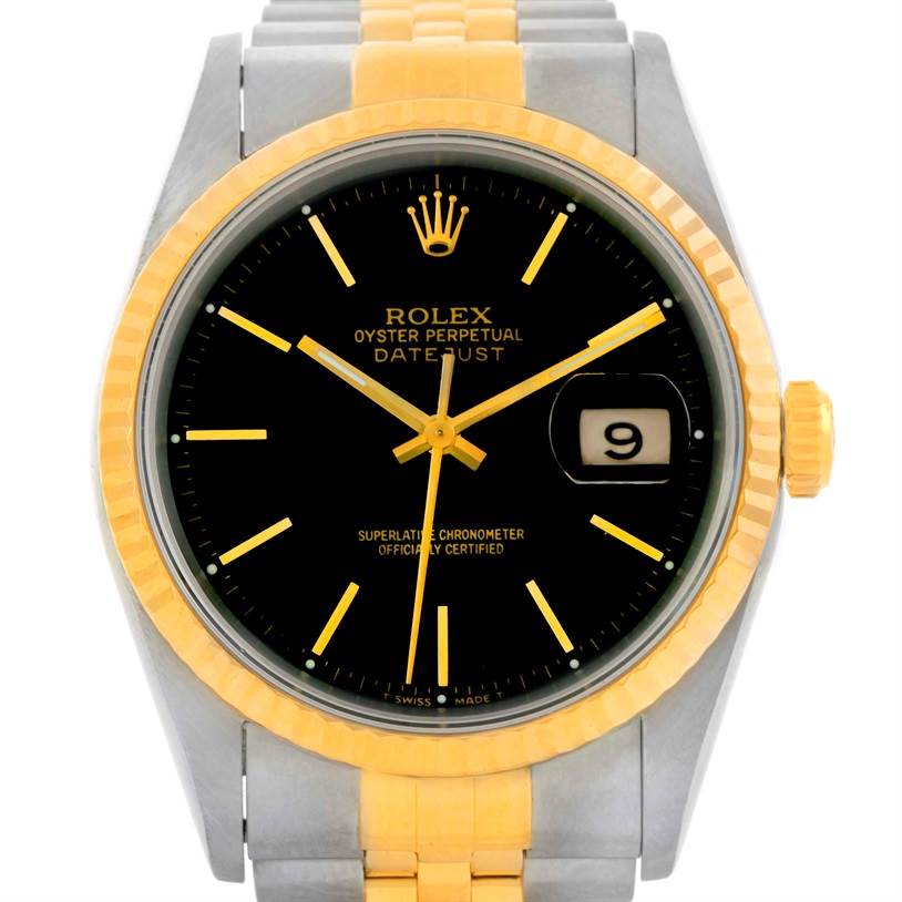 This image shows a front-facing view of a Rolex Datejust 16233 Men's Steel and Gold (two tone) Black Dial 16233 Men's Steel and Gold (two tone) Black Dial watch, highlighting its black dial, date window, gold bezel, and two-tone bracelet.