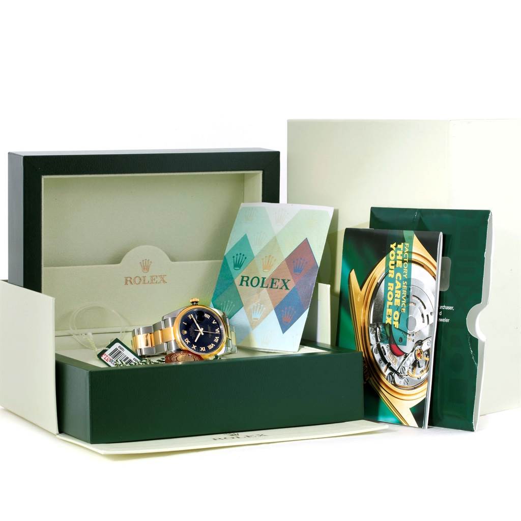 The image shows a Rolex Datejust 116203 Men's Stainless Steel Black Dial 116203 Men's Stainless Steel Black Dial watch with accessories including boxes, manuals, and tags, from a frontal angle.