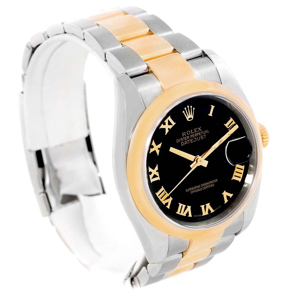 This Rolex Datejust 116203 Men's Stainless Steel Black Dial 116203 Men's Stainless Steel Black Dial watch is shown from a three-quarter angle, highlighting the dial, bezel, and bracelet.